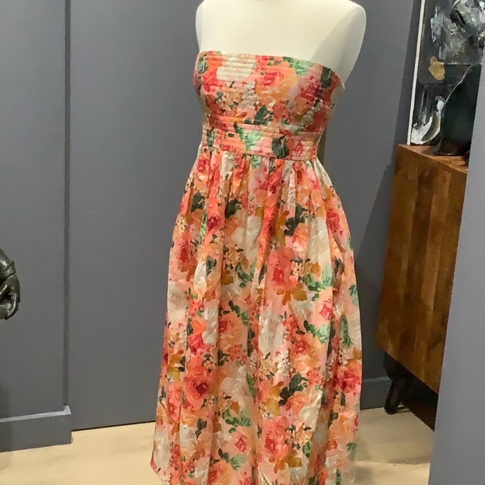 Gilner Farrar Smocked Strapless Dress in Coral, Pink & Green